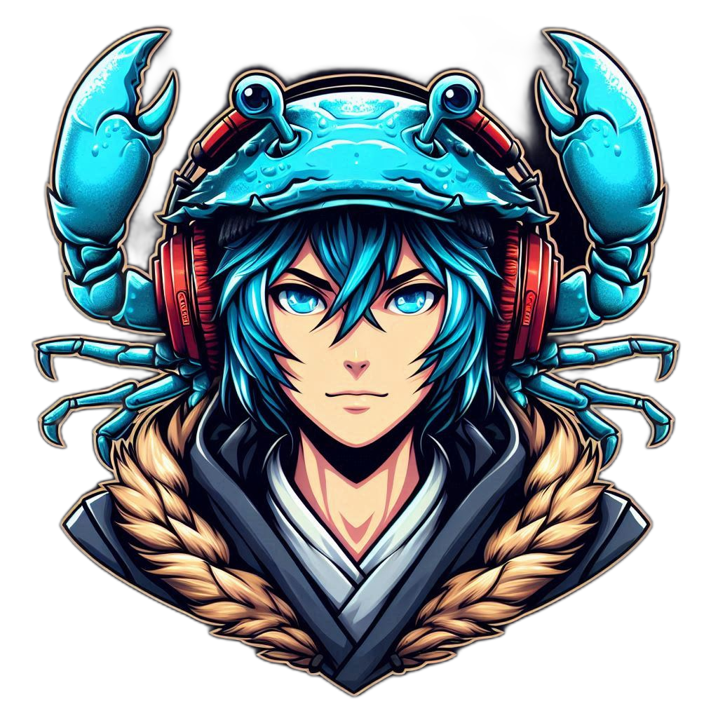 Foto de um personagem de cabelos e olhos azuis usando uma touca de um carangueijo azul com fones de ouvidos vermelhos e um casaco azul